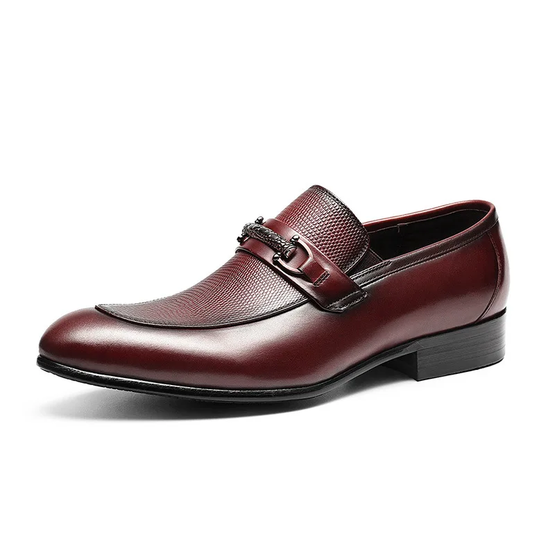 Men's Burgundy Leather Loafers Metal Buckle Slip On Formal Dress Shoes Business Wedding Footwear