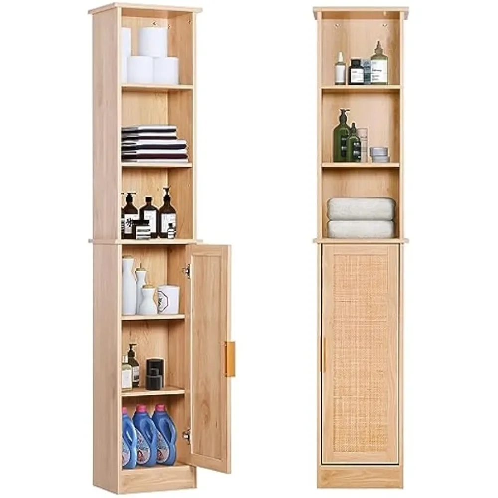 

Bathroom Storage Cabinet Wood Slim Floor Freestanding Cabinet Linen Tower with Door Shelves Adjustable Shelves for Bathroom