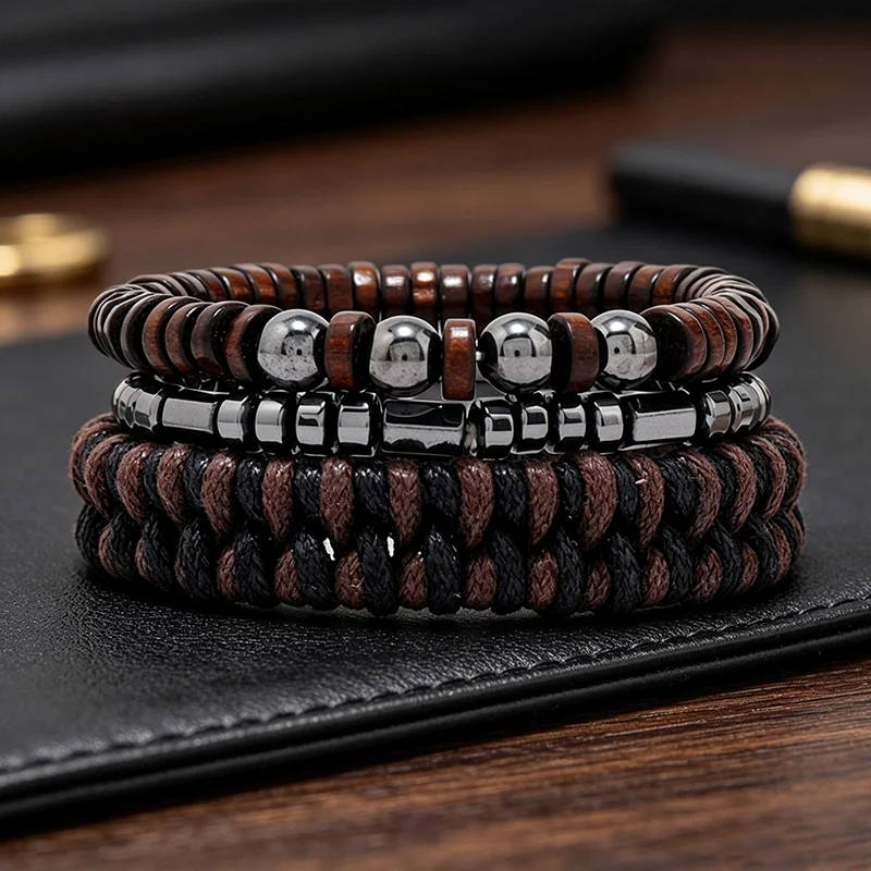 Hiphop Rock 3Pcs/Set Men Bracelet Apparel Accessories Handmade Braided Adjustable Elastic Beaded Braslet Cool Street Homme Joias