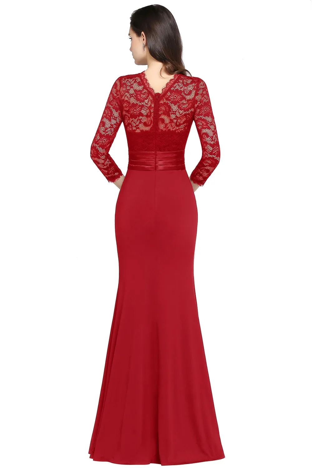 Elegant Long Sleeve Mermaid Evening Dresses Lace Scoop Neck Burgundy Red With Sashes Formal Party Prom Gowns Vestido De Fiesta