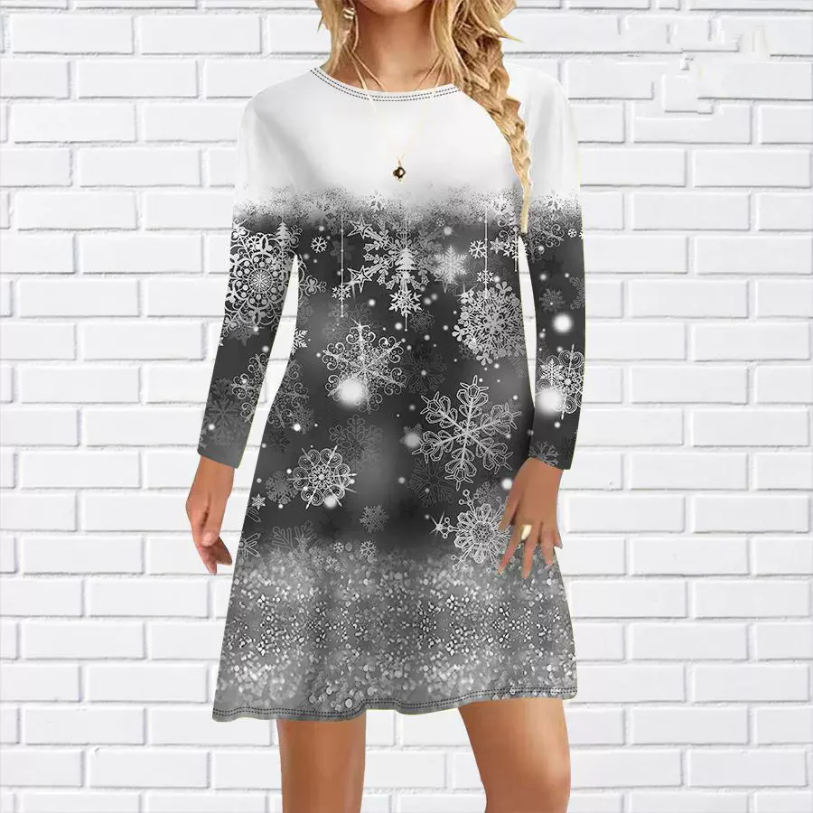 Autumn Winter Gradient Snowflake Pattern Women Mini Dresses Long Sleeve 3D Printed Christmas Style Ladies Dress 3XL Large Size