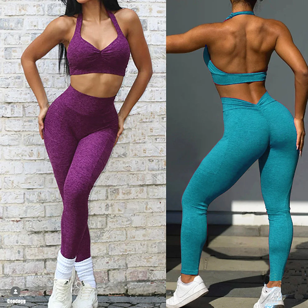 Sujetador deportivo de LICRA con cuello Halter, conjunto de Yoga a prueba de sentadillas, mallas de entrenamiento, pantalones de gimnasio, trajes