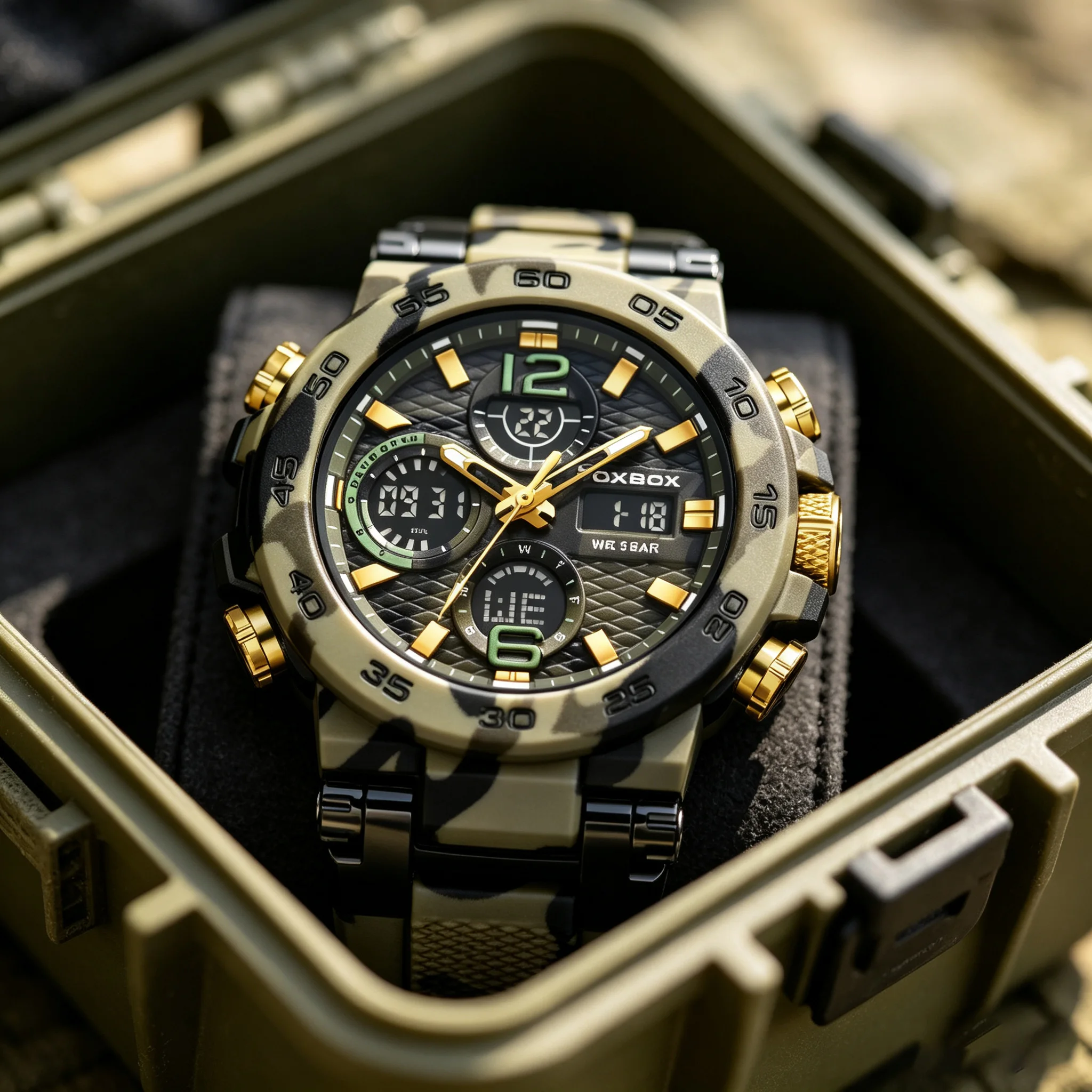 FOXBOX Fashion Men's Camouflage G-Style Military Electronic Watch Sports Multifunctional Dual Display Waterproof Men's Watch