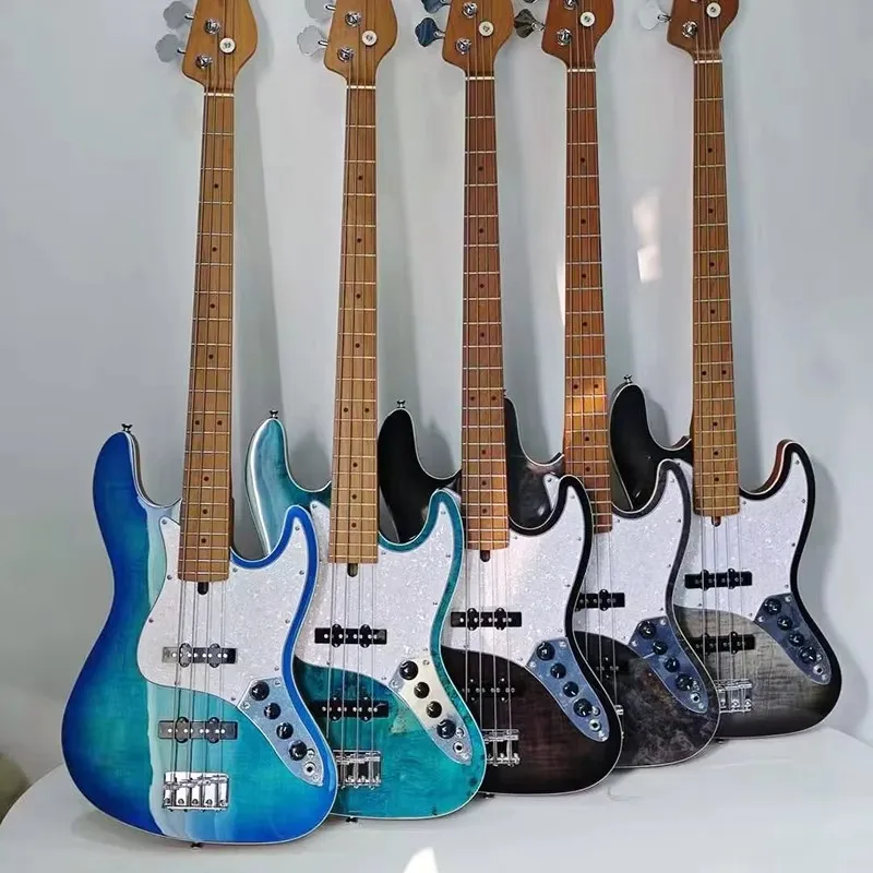 Polished Mahogany Body Veneer Panel 4‑String White Electric Bass Guitar Stringed Instrument