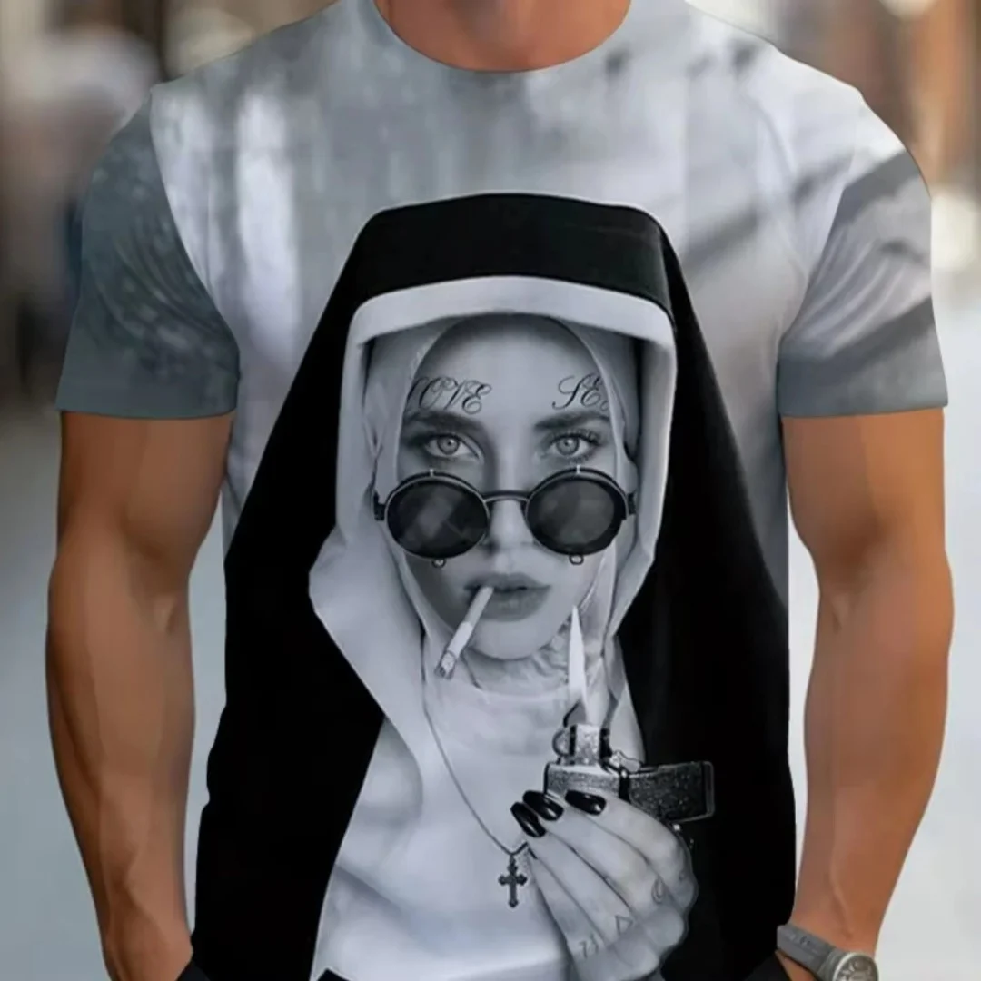 Kaos Sunglasses Rock Nun 3D Printing Musim Panas Olahraga Santai Cepat Kering Kaos Pria Pakaian Anak-anak Tee Y2k Wanita