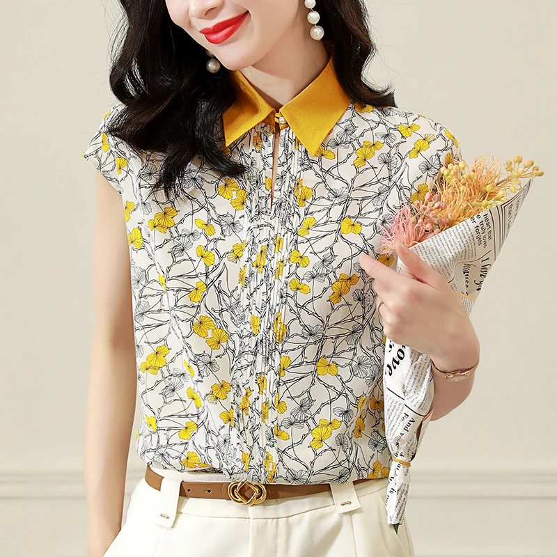 

100% Real Silk Women's Print Shirt Summer Elegant Turn-down Collar Shirts Short Sleeve Blouses Loose Tops Woman Casual Blouse
