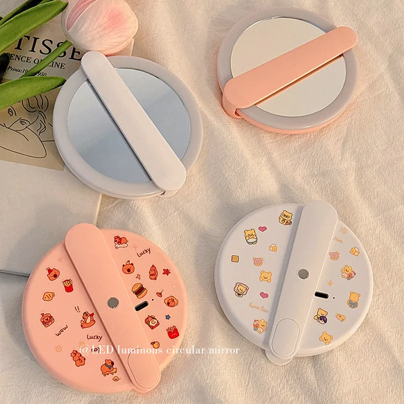 Round LED Mirror Makeup Travel Mirror with Light Rechargeable Compact Mirror for Purses Portable Carrying Pouch