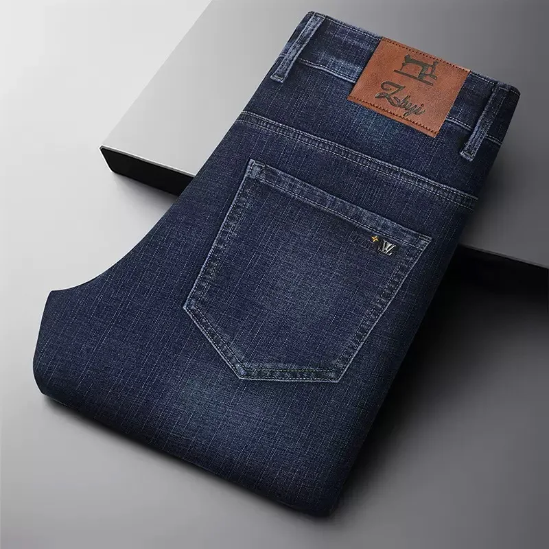 Męskie spodnie jeansowe na wiosnę i jesień, proste nogawki, elastyczny denim w jednolitym kolorze, luźne, sportowe, wygodne, oddychające, wysokiej jakości.