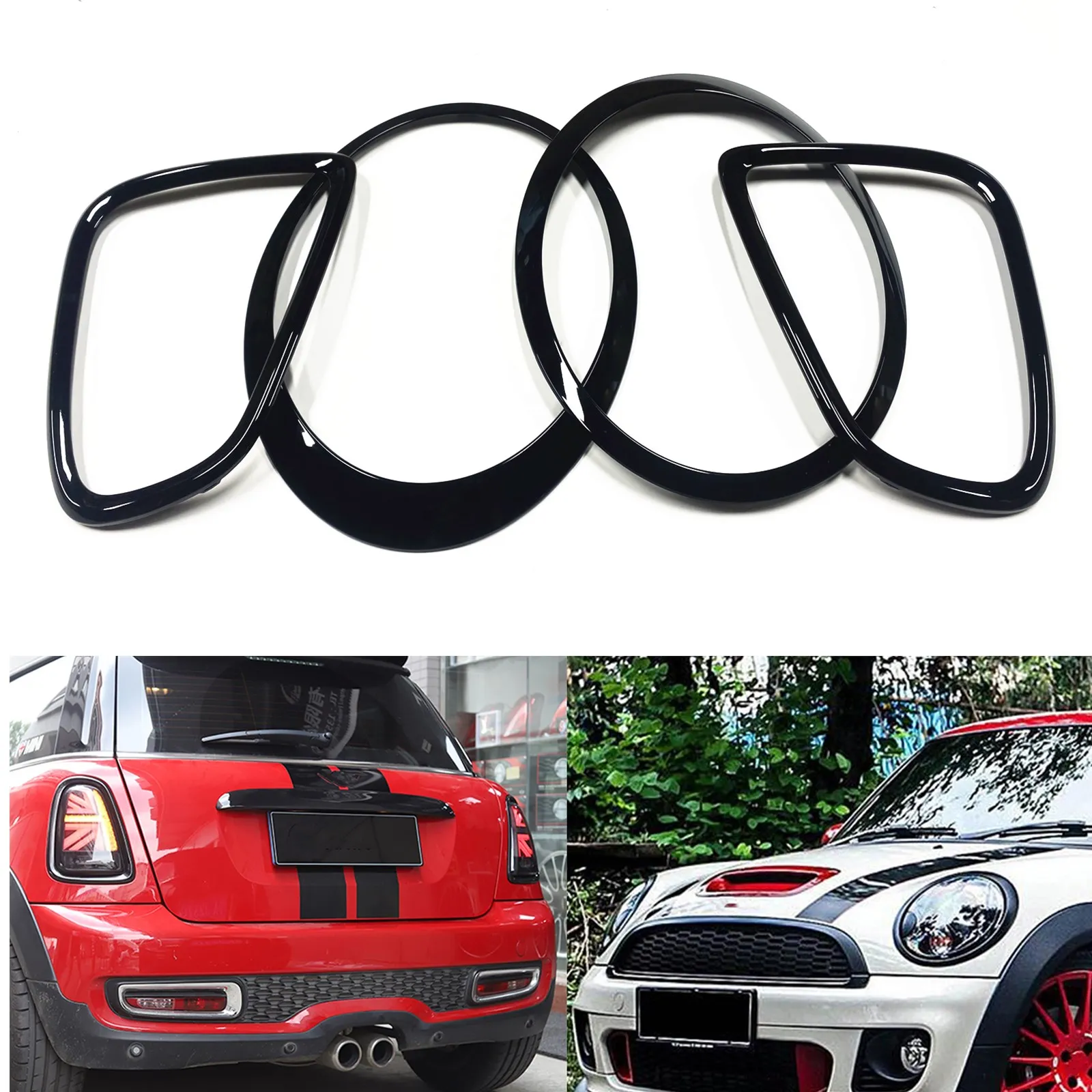 For BMW MINI R55/R56/R57/R58/R59 2007-2015 Front Headlight Frame+Rear Lamp Bezel Trim Gloss Black Car Headlamp Cover Rim Overlay