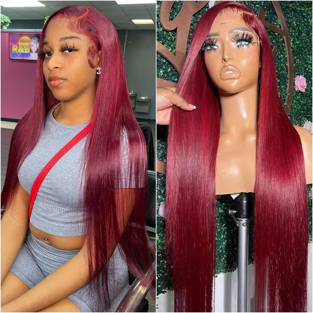 

99J Highlight Burgundy Bone Straight 13x6 Lace Front Wigs HD Lace Frontal Colored 100% Human Hair Wig PrePluckd For Women