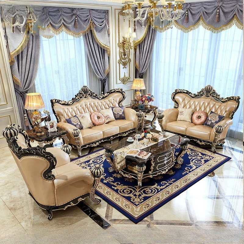 European solid wood ebony leather crown sofa, villa large apartment luxury high-end living room combination furniture
