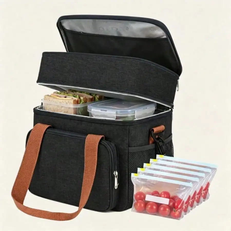 Insulated Lunch Bag Double Compartment, 12L Thermal Cooler Tote Leakproof, Adjustable Removable Shoulder Strap For Women Men Work Travel sg260729180750806972821
