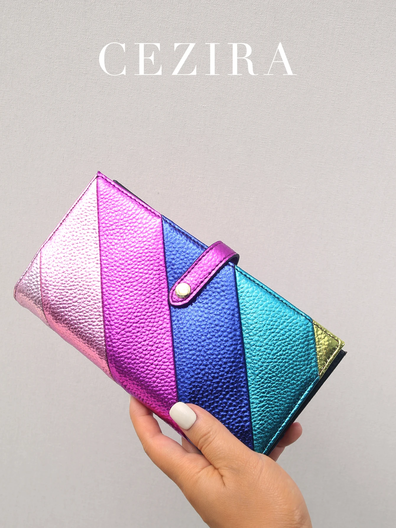 

Women Fashion Metallic PU Vegan Leather Multicolor Stripes Patchwork Card Slots Moneybag Purse Button Closure Bifod Long Wallet