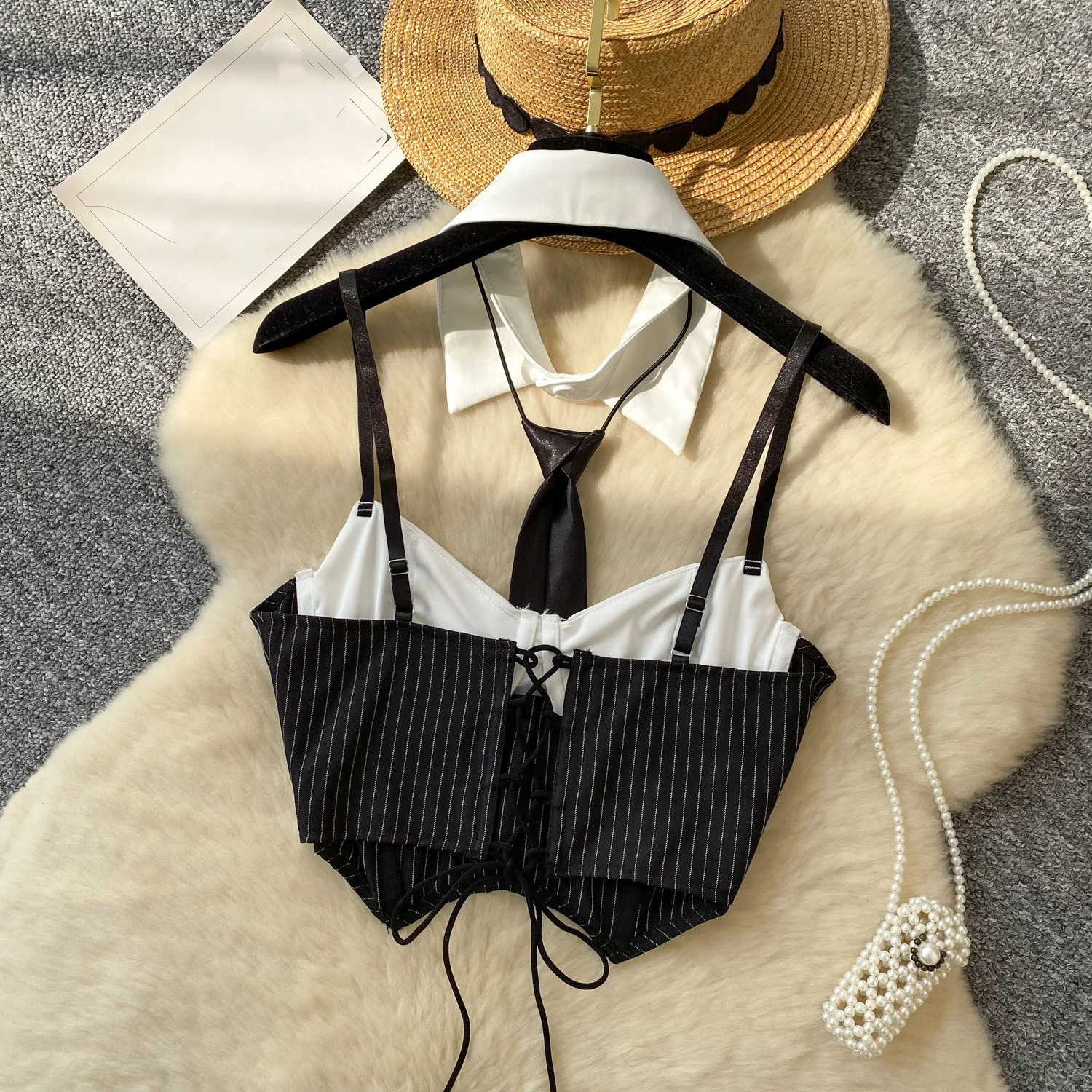Summer New Spicy Girl Design Hollow Hanging Neck Tie Contrasting Sling Top