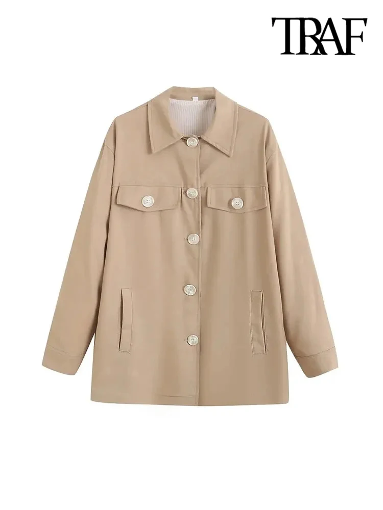 TRAF-Oversized Jacket with Pockets for Women, Long Sleeve Coat, Front Button, Female Outerwear, Chic Tops, Fashion