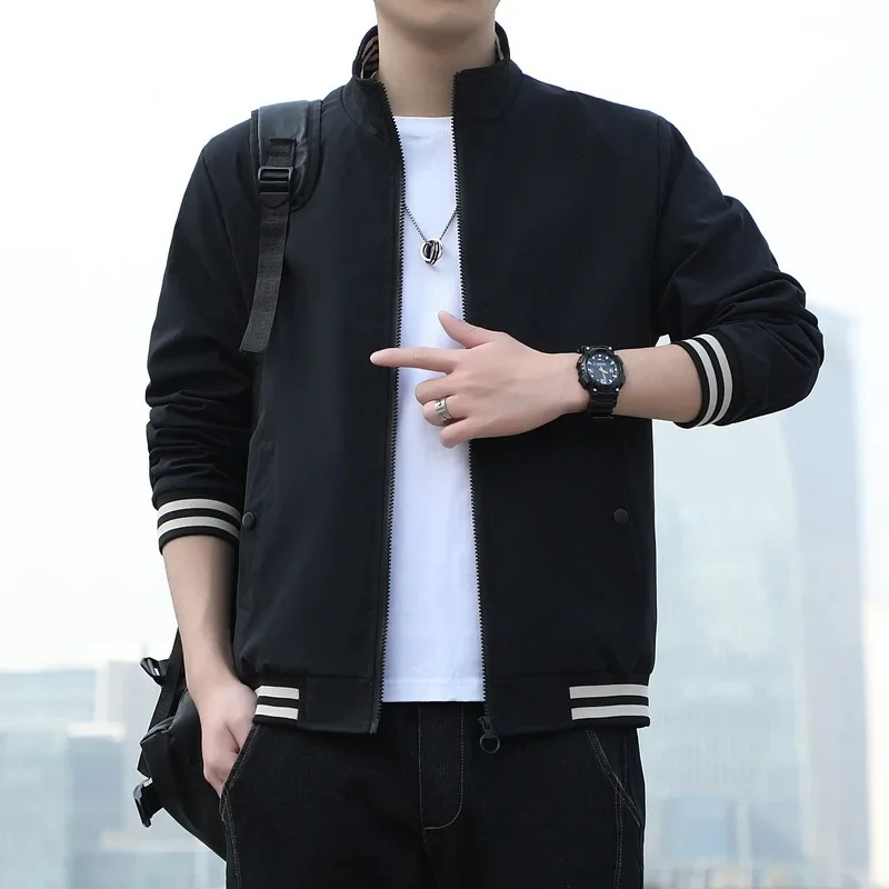 

Spring Autumn Men's Jacket Fashion Standing Neck Baseball Jersey Solid Color Slim Fitting Versatile Handsome Sports Casual Coat