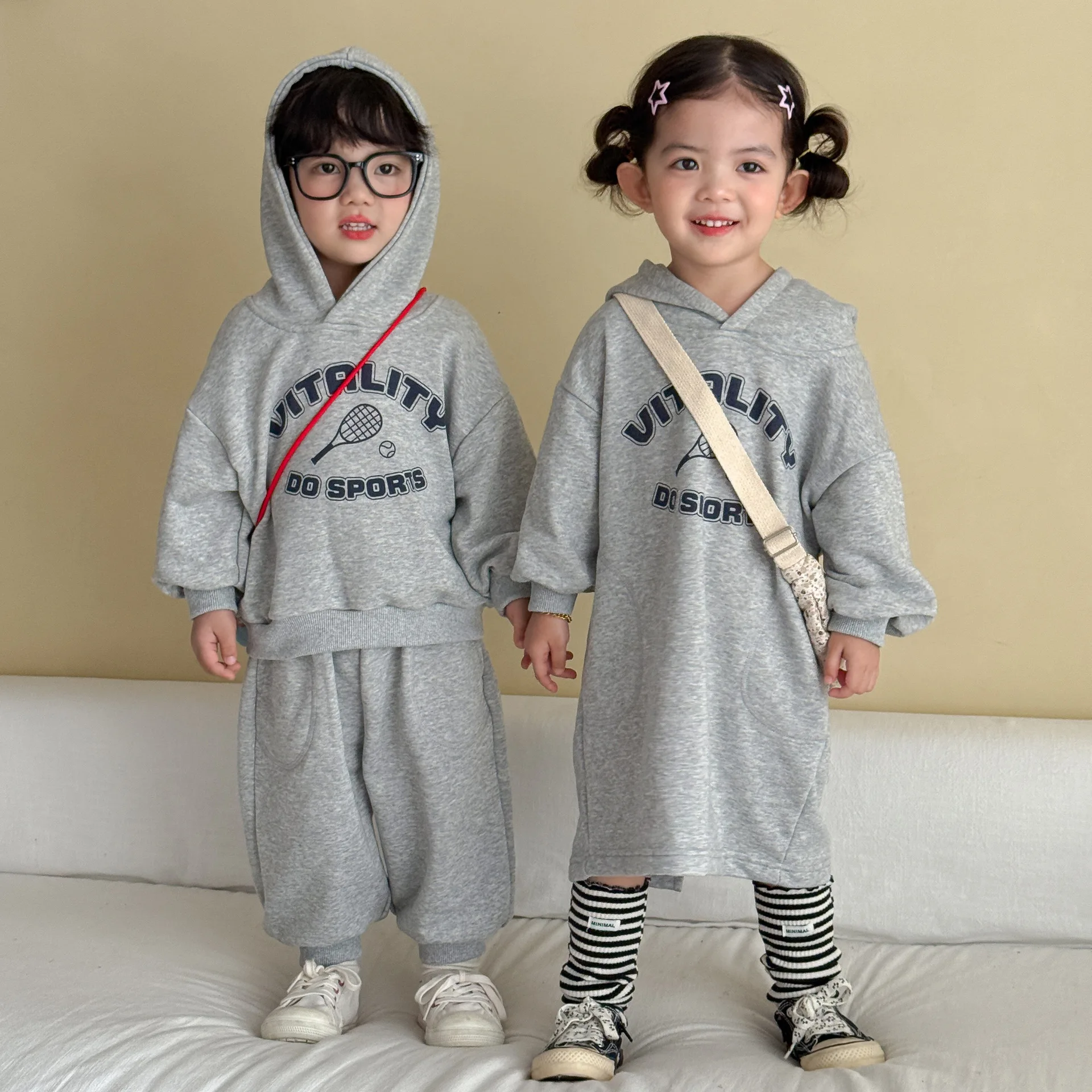 2026 Autumn New Children Sports Clothes Set Boys Letter Print Sweatshirt 2pcs Suit Girls Hooded Casual Dress Brother Sister Set