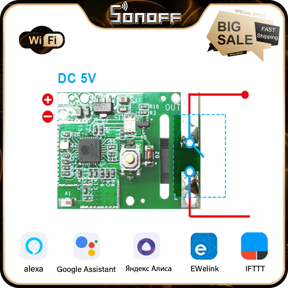 SONOFF RE5V1C Relay Module 5V WiFi Smart DIY Switch Dry Output Inching/Selflock Working Modes APP/Voice/LAN Control Automation