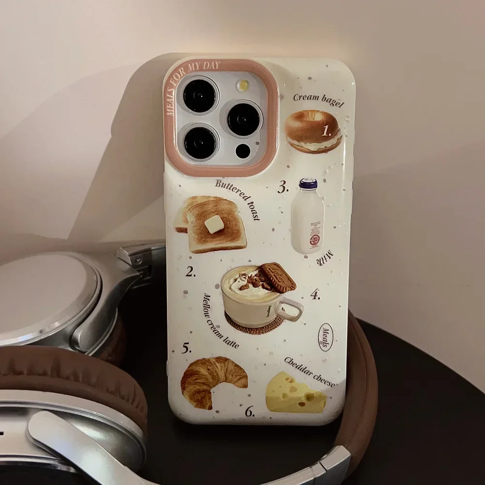 Toast bread coffee cappuccino Illustration Phone Case For iPhone 16 15 14 13 12 Pro Max Xr 15 14 16 Plus Case Cute cartoon Cover