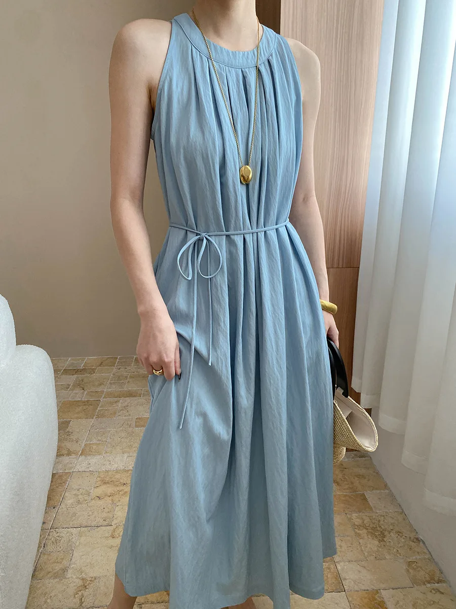 

2025 Women's French Holiday Style Casual Beach Dress Solid Color Round Neck Sleeveless Dress Boho Long Female Vestidos
