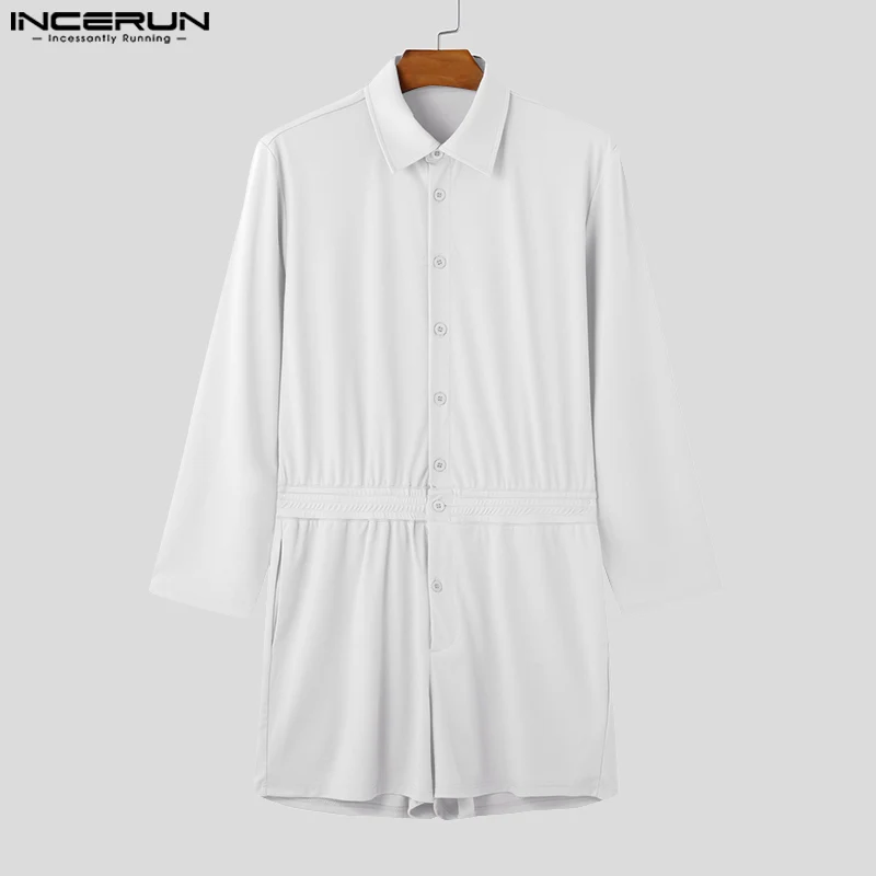 INCERUN 2024, ropa de descanso de estilo americano para hombre, mono elegante con diseño de borde con volantes, monos sexis lisos de manga larga para hombre