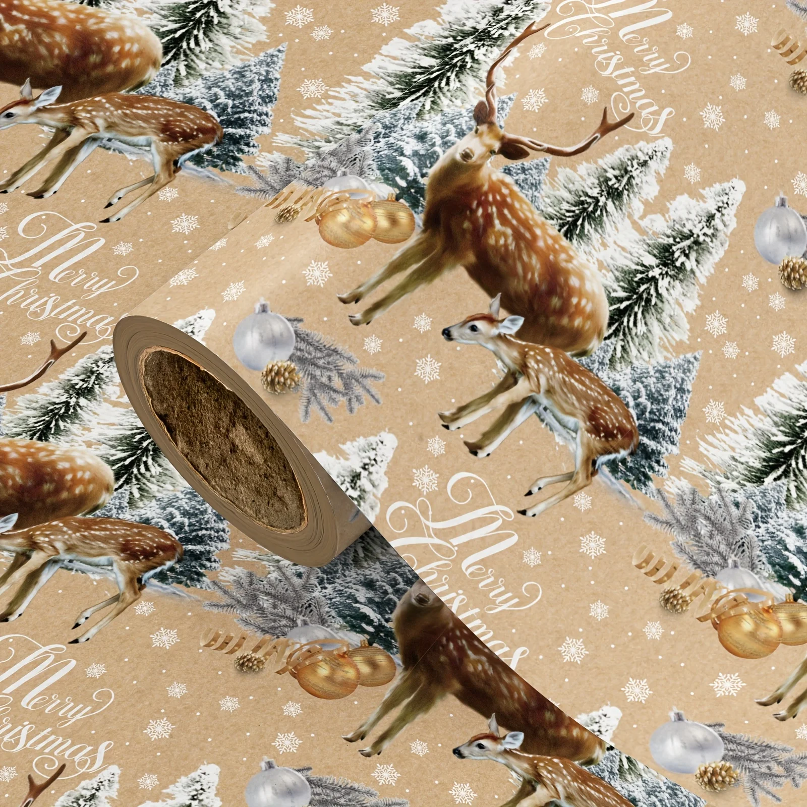 1 Roll of Christmas Kraft Wrapping Paper |   Watercolor Reindeer, Cedar, Christmas Balls, and Snowflake Patterns on a Brown Background (Including the Words Merry Christmas) Suitable for Christmas Party Decorations, Gift Wrapping, Holiday Arrangements, DIY Crafts, Gift Shop Displays, Souvenir Packaging, Window Displays, Home Decoration, and Event Layouts - 43cm × 500cm （ 17inch
