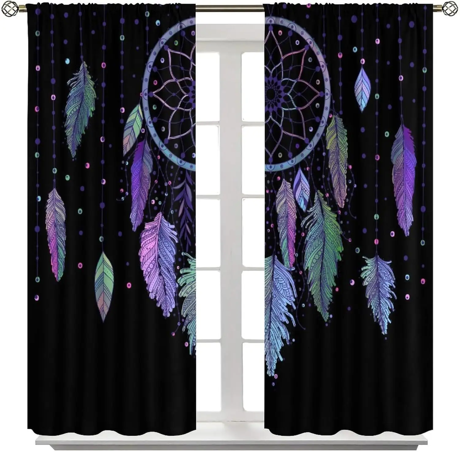 Colorful Dream Catcher Curtains Night Sky Stars Purple Feathers Curtain with Rod Pocket for Bedroom Living Room Decor Drapes