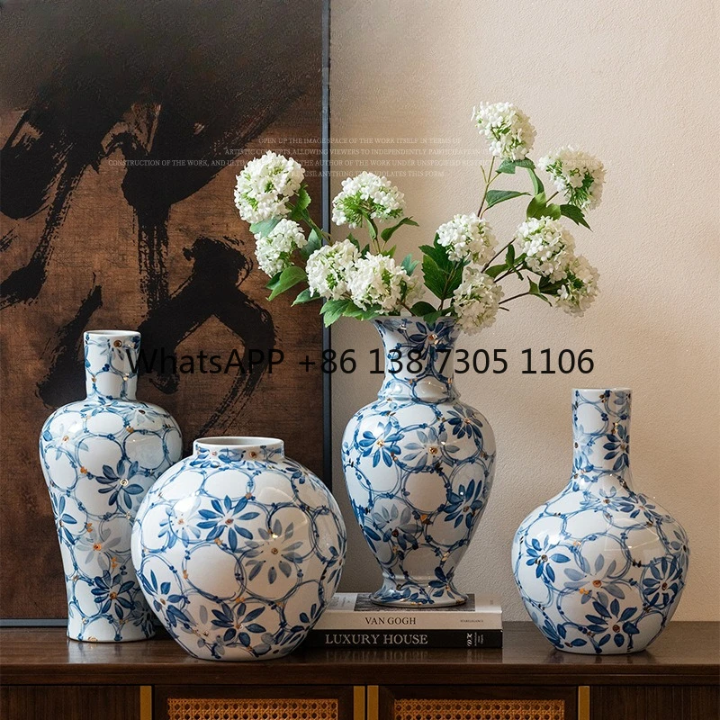 

High-grade hand-painted gilt blue and white ceramic large vase decorative ornament living room new Chinese entrance ornament