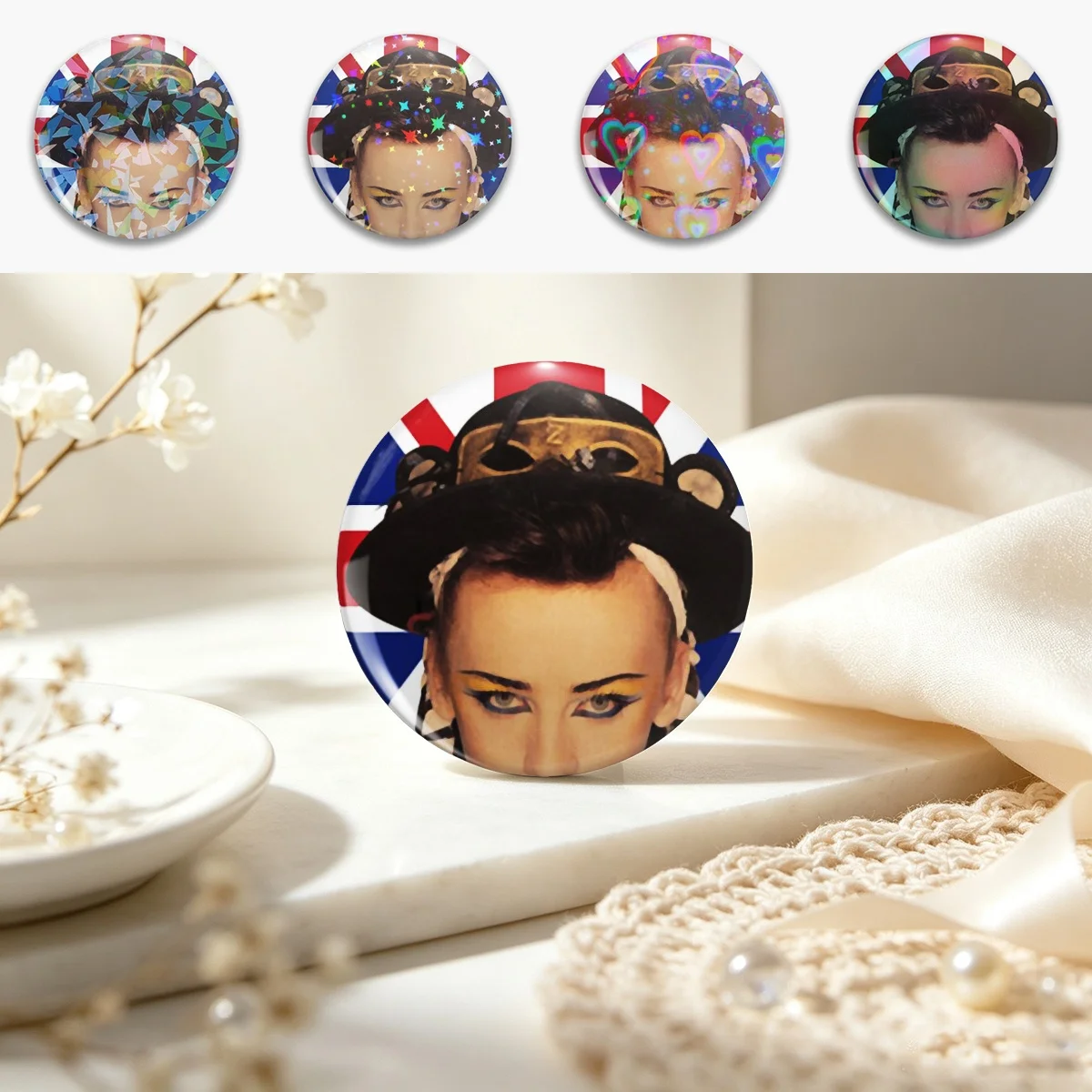 Boy George  Pin Holographic Star Heart Pin Brooches Laminated Button Fashion Accessory