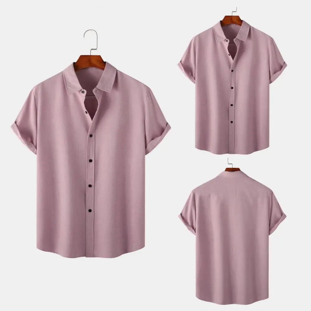 Lightweight Summer Shirt Men's Summer Solid Color Short Sleeve Shirt with Loose Fit Design Breathable Fabric Lapel for Comfort