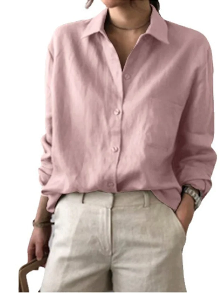 Classic Solid Color Shirt Women\'s Button Long Sleeve V Neck Blouse Elegant Spring Autumn Top