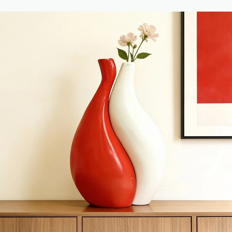 Red and White Color Blocked Vase Desk Decoration Artificial Flower Decorative Flowers Arrangement Vases Room Aesthetic Decor