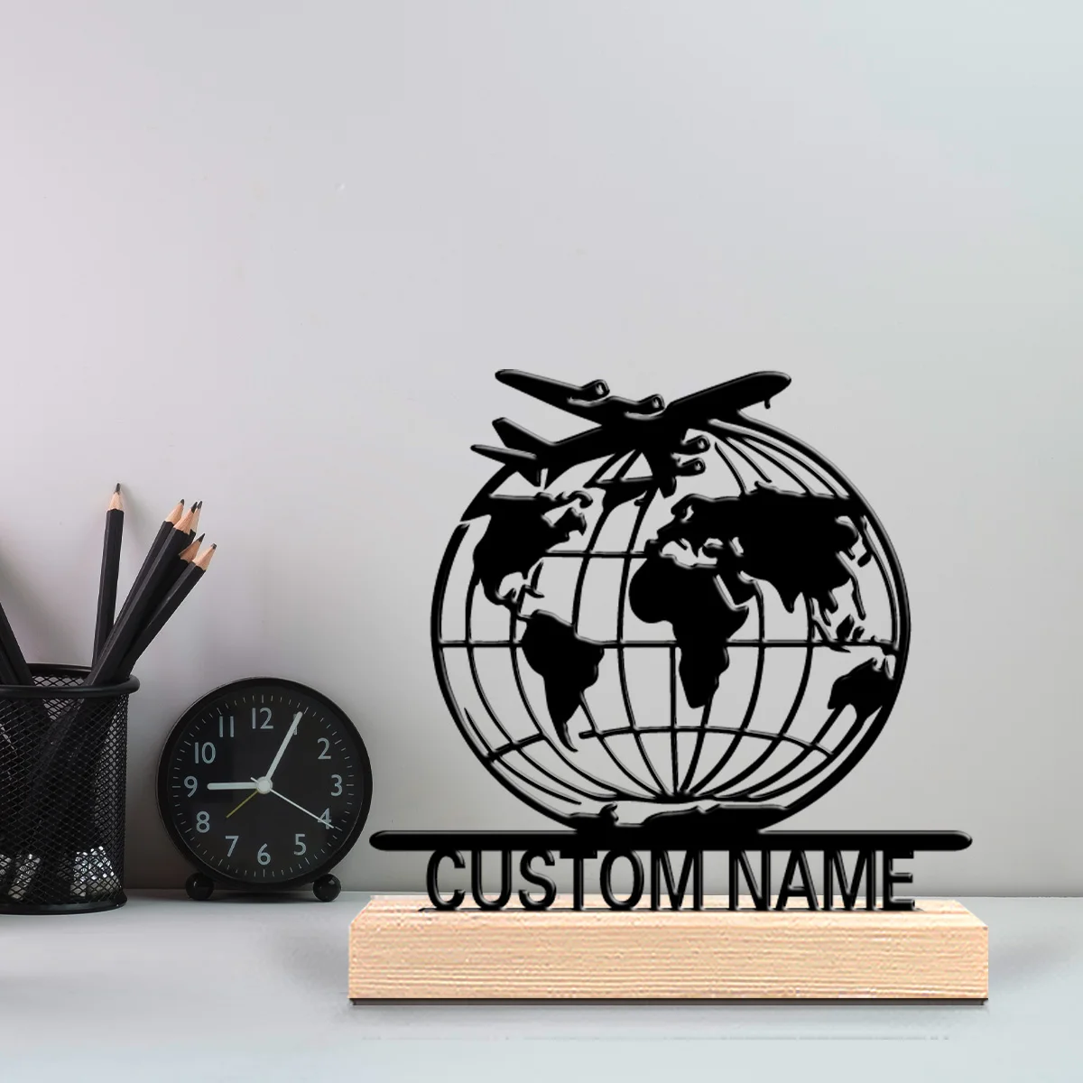 1pc Fashion Personalized Custom Globe Aircraft Metal Statues Metal Art With Wooden Base Perfect For Office, Man Cave, Retro Deco