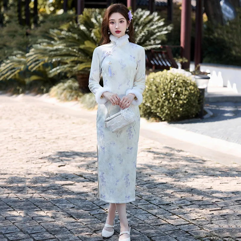 

Yourqipao Winter White Fleece-lined Thick Long Cheongsam Chinese Style Evening Dress Fashion Elegant Party Qipao for Women