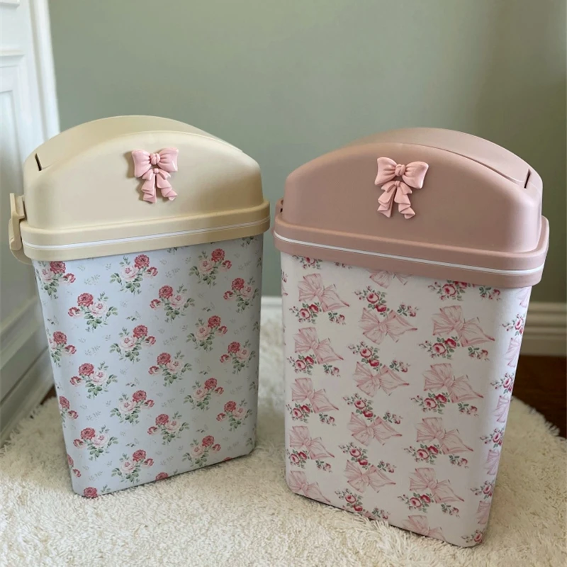 

Leather Trash Bin Girly Floral Bathroom Trash Can Paper Basket Retro Kitchen Trashbin with Lid Large Capacity Storage Basket