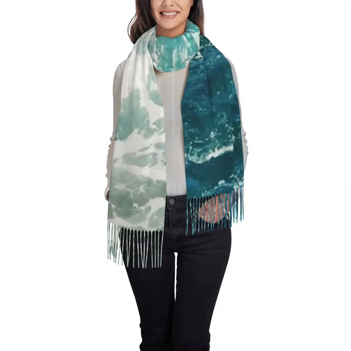 Blue Ocean Waves New Fashion Cashmere like Scarf Tassel Warm Mens and Womens All Match Shawl Scarf