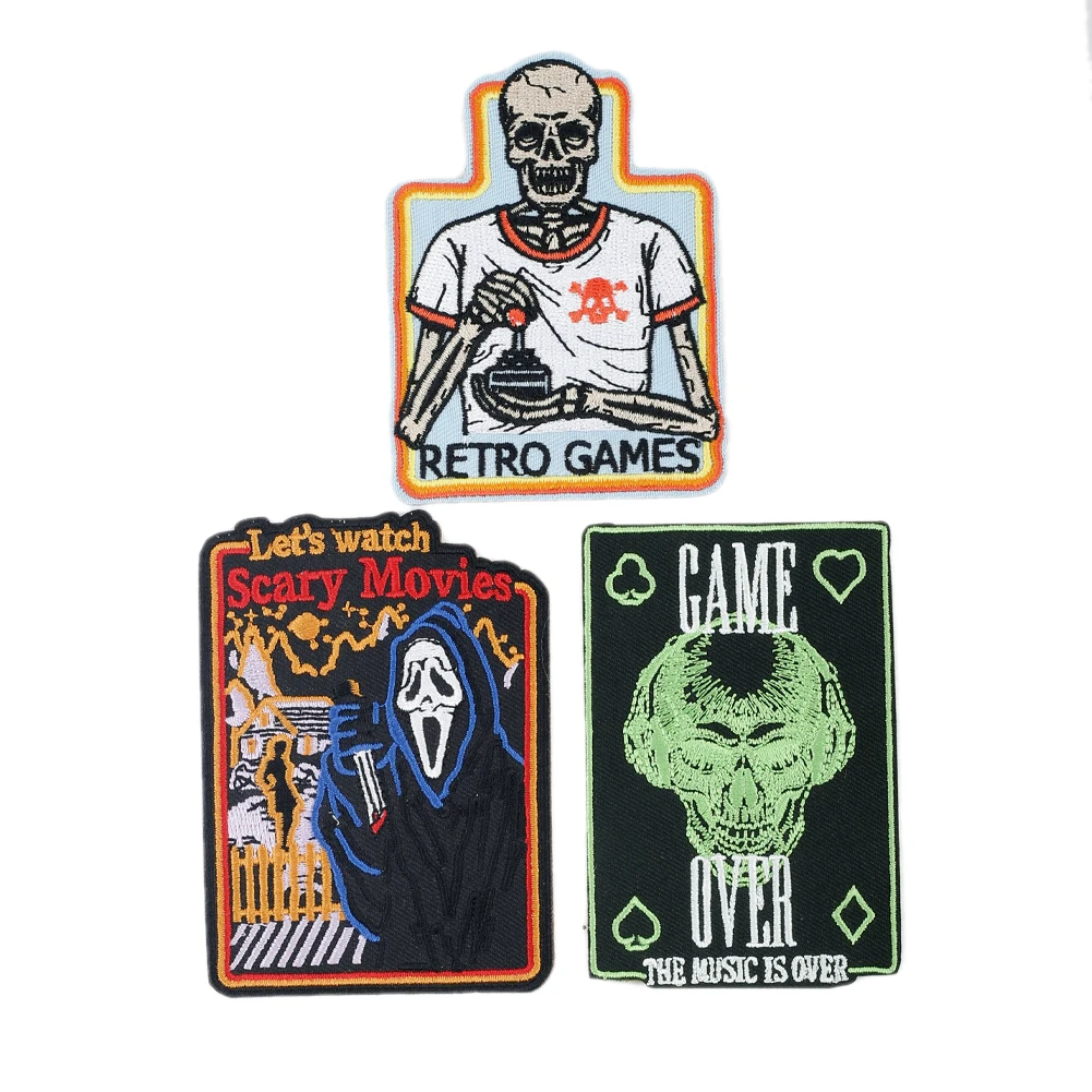 Retro Games Scary Movies Game Over Patches Nostalgic Spooky Iron On Applique with Hot Melt Glue Badge for Clothes Sew Accessory