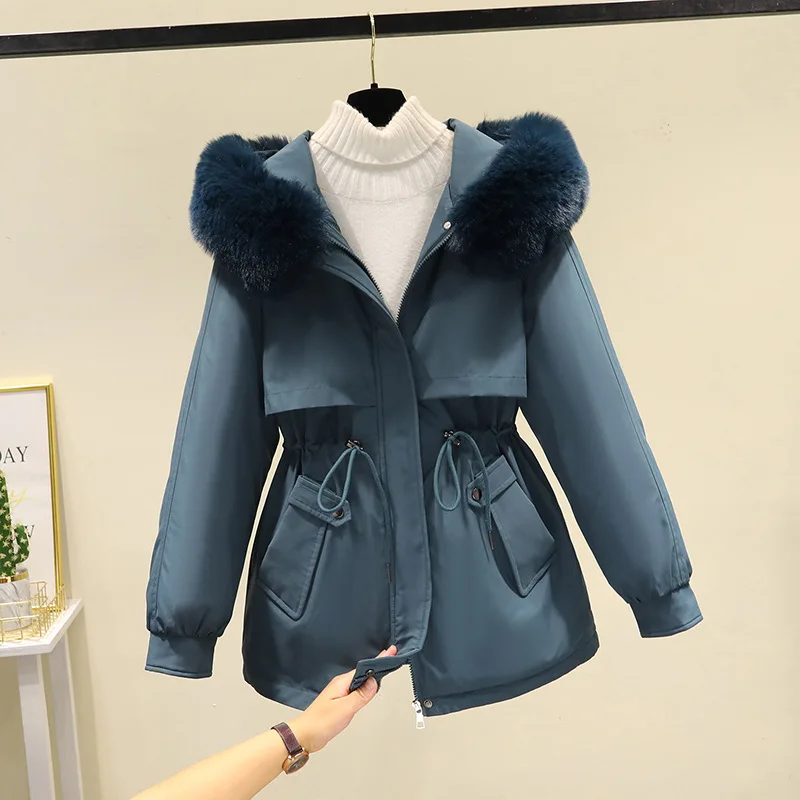 Women Hooded Parkas Coats Mid Lenth Jacket Oversize Solid Fur Collar Drawstring Waist Zipper Loose Elegant Casual Winter 2025