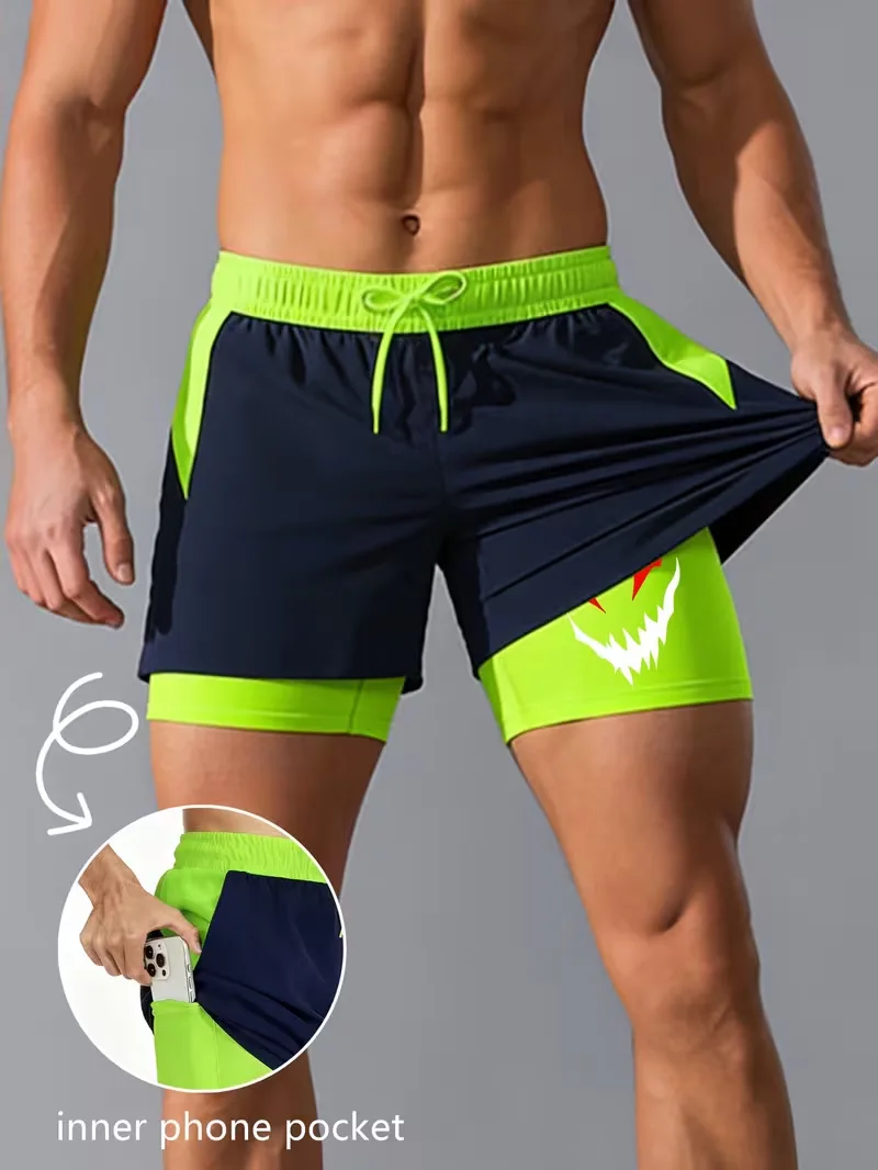 New men's summer double-layer quick-drying compression lining suitable for fitness, sports, surfing, beach shorts drawstring