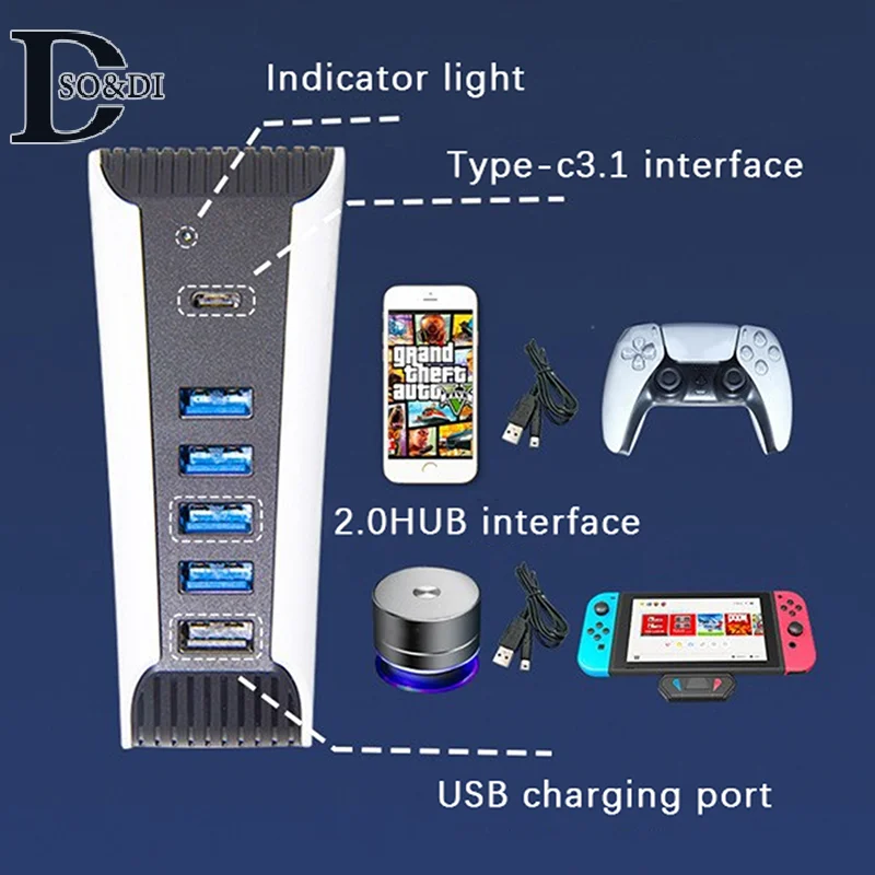 5 In1 USB Splitter Expander Hub For PS5 USB Hub USB3.0 Splitter Expander Extension High Speed Port Adapter For PS5