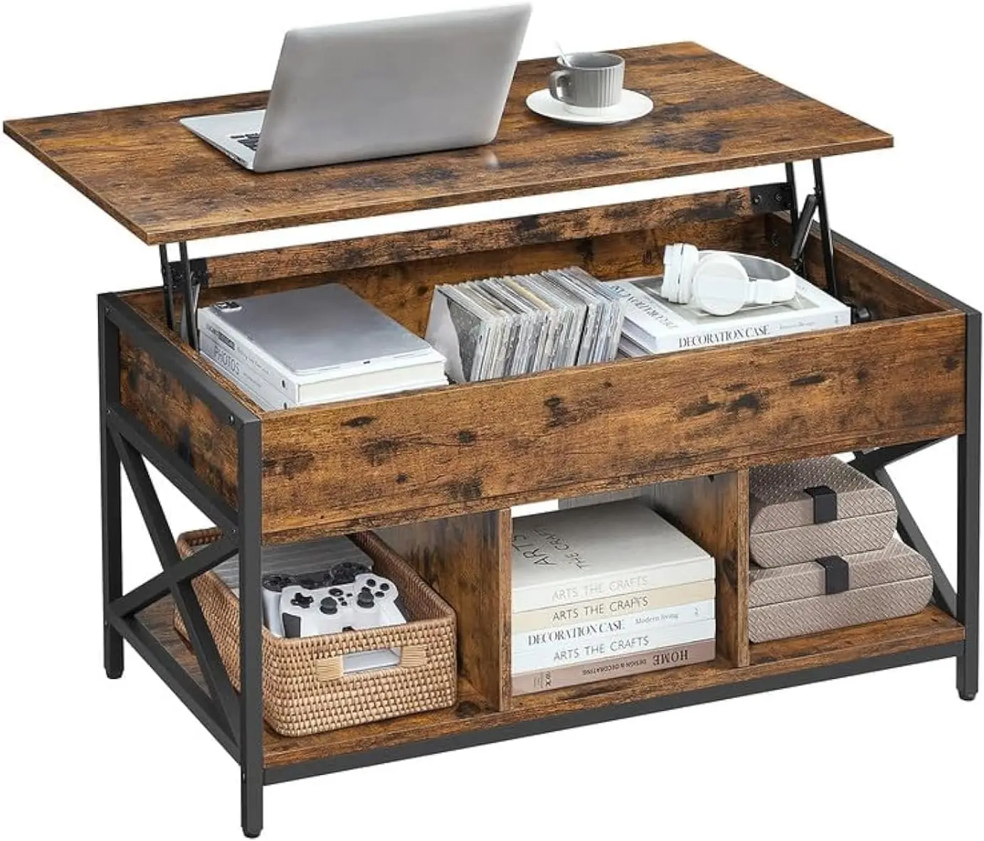 

Lift Top Coffee Table with Storage Shelf and Hidden Compartments, 19.7 x 39.4 x (19.3-24.4) Inches, Rustic Brown and Black