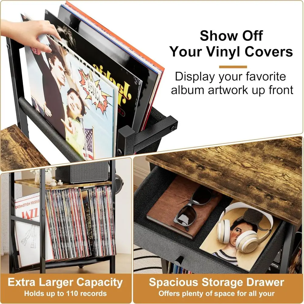 حامل تخزين سجلات الفينيل مع شاشة عرض من 3 طبقات، يحمل 200 ألبومًا، درج متضمن، بني ريفي لمساحات المعيشة #5