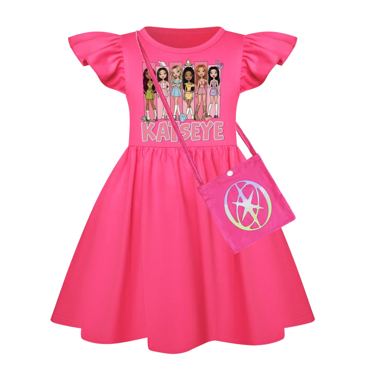 Korean Girls Band KATSEYE Clothes Baby Girls Flying Sleeve Nightdress Dresses with Small Bag Fashionable dress Birthday Vestidos