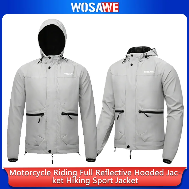 WOSAWE Reflective Hooded Motorcycle Riding Jacket Men Outdoor Hiking Night Running Sports Coat