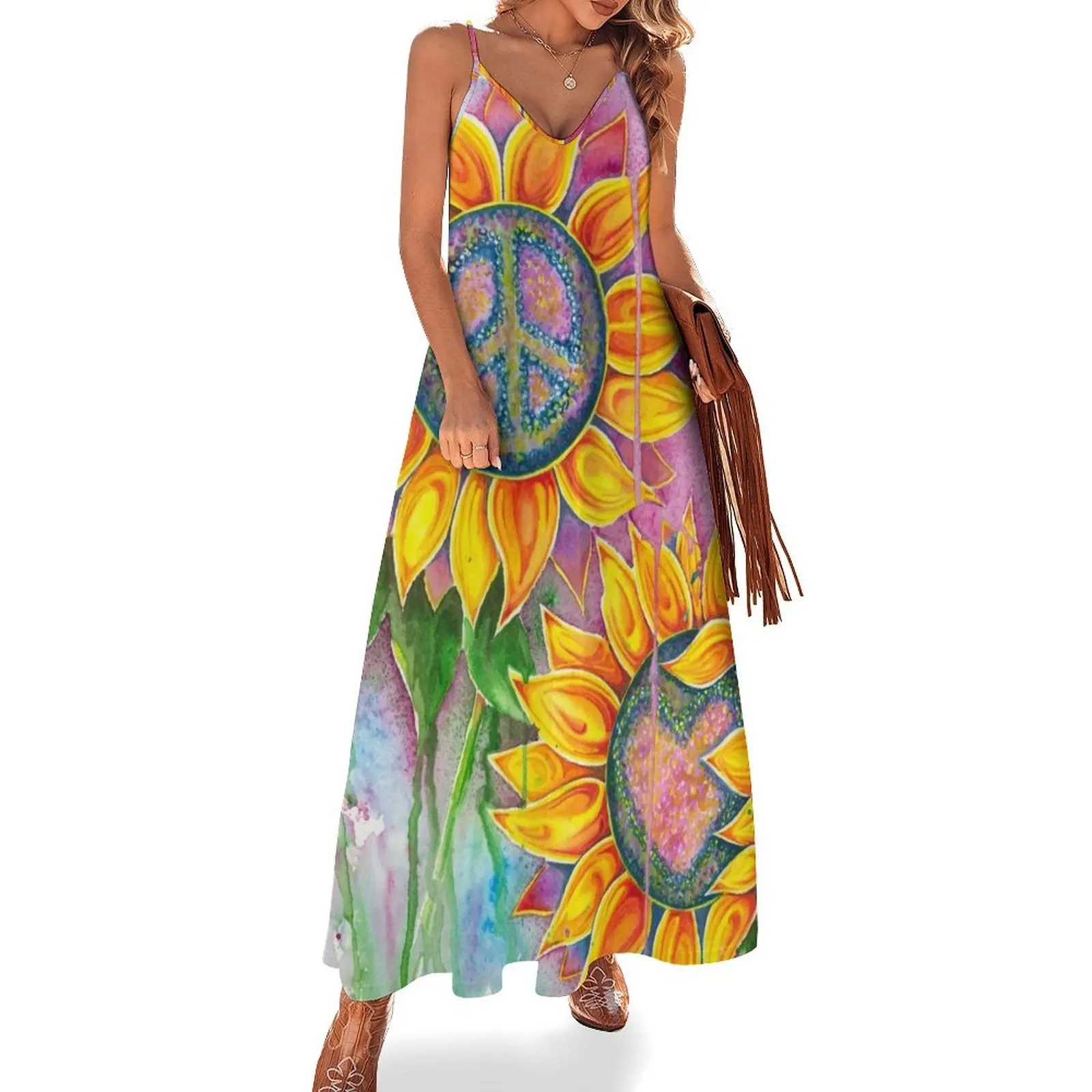 

Peace and Love Sunflowers Sleeveless Long Dress dress dresses women formal occasion dresses Bride dresses Dress