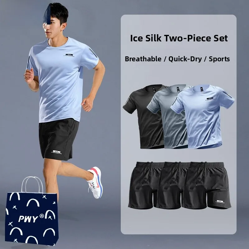 

Ice Silk Qui Dry ort Sve T-irt Fitn Training Running Equipment Men's Summer Sportswear Set Youth Casual Sportswear