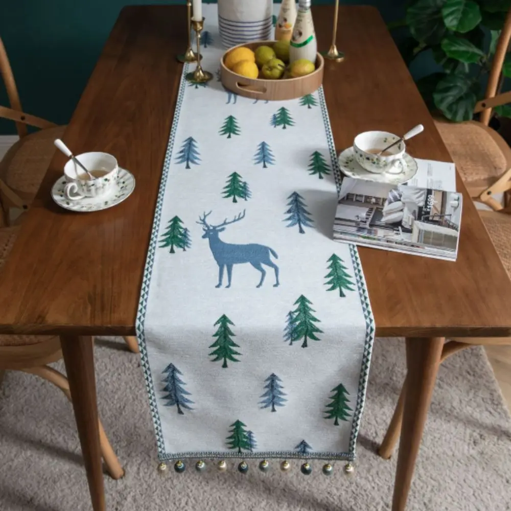 Embroidery Pattern Christmas Tree Elk Table Runner Stain-resistant with Tassel Ball Table Linen Thickened Soft Table Cover