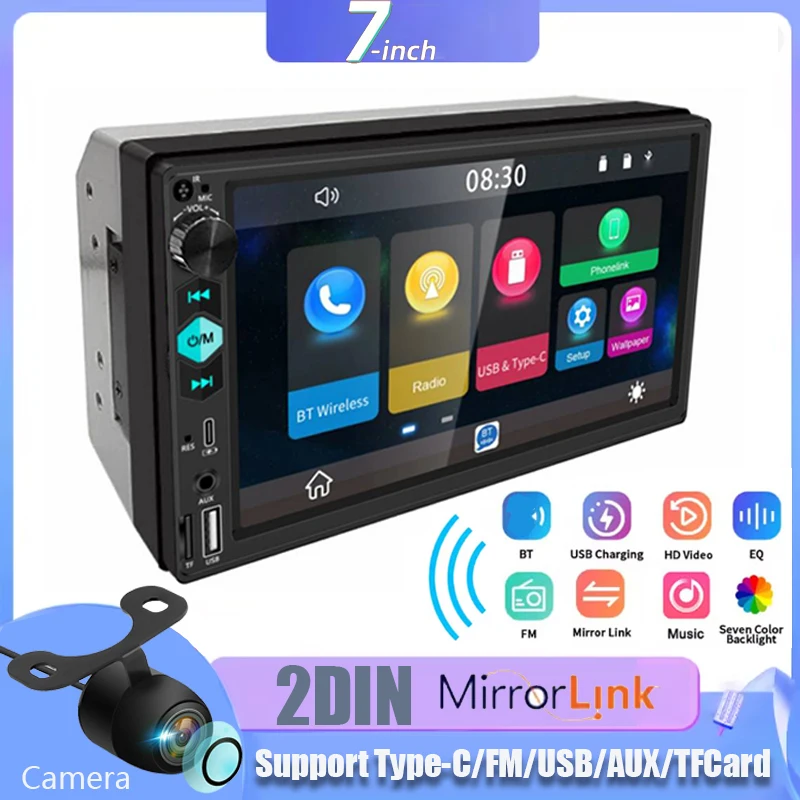 

7-Inch Touch Screen Car Stereo with Backup Camera, 2 Din Headphone Input, Multimedia Player with Type-C/FM/USB/AUX SD Functions,