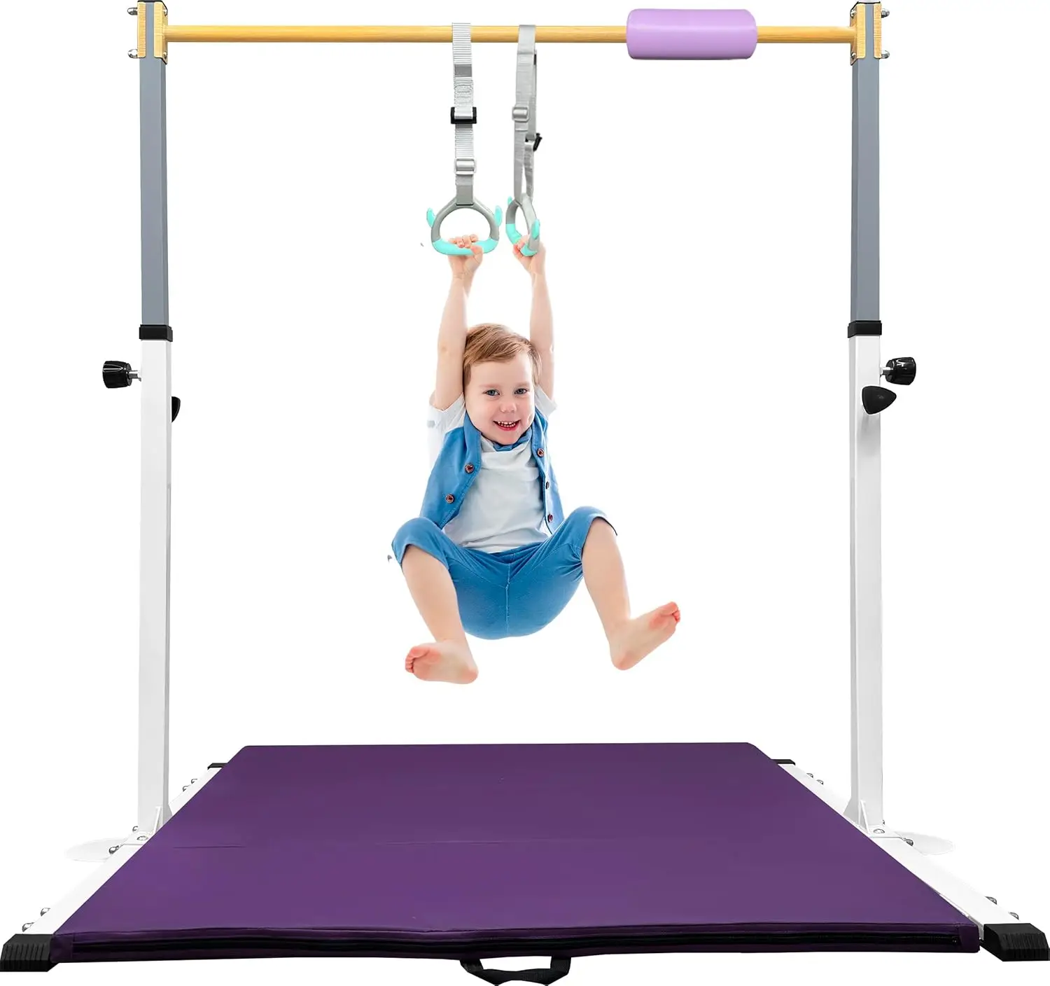 Gymnastics Bar for Kids with Mat - Sturdy Kip Bar with Rings, Horizontal Bar for Home Training, 3'-5' Height, Ages 3-15, 250 LBS