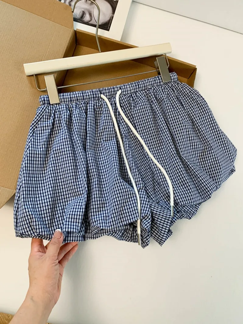 

Синие клетчатые шорты-блумеры женские, укороченные спортивные брюки-юбка А-силуэта, ультракороткие шорты, летняя новинка